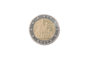 Commemorative 2 euro coin of Germany minted in 2012 over white