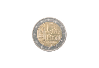 Commemorative 2 euro coin of Germany minted in 2013 over white