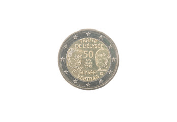Commemorative 2 euro coin of Germany minted in 2013 over white