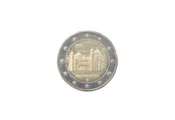 Commemorative 2 euro coin of Germany minted in 2014 over white