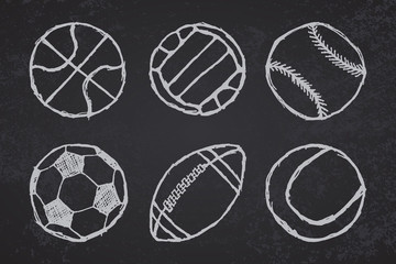 Ball sketch set simple outlined on blackboard