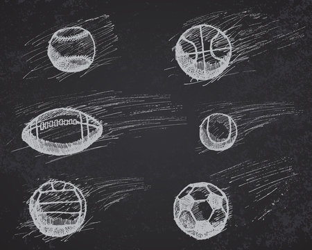 Ball sketch set with shadow and dynamic effect on blackboard