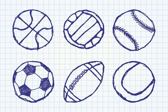 Ball sketch set simple outlined isolated on paper notebook