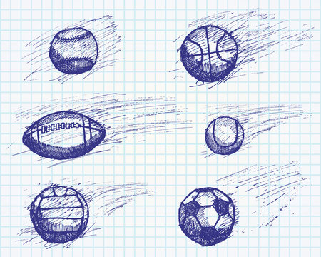 Ball sketch set with shadow and dynamic effect on paper notebook