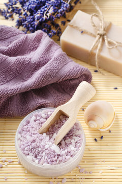Wooden scoop with lavender sea salt
