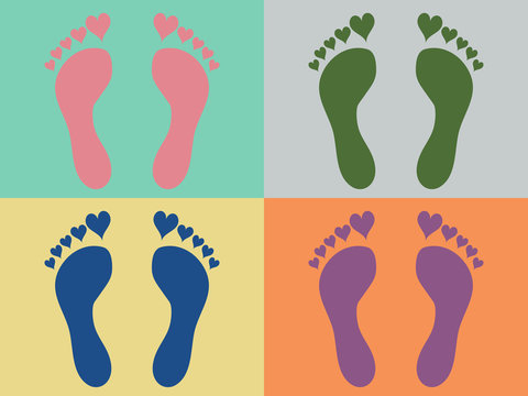 Four heart footprints on colorful background