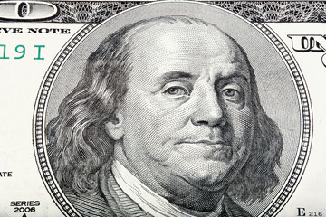 Sacked macro portrait of Benjamin Franklin.