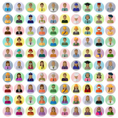 Fototapeta premium Flat People Icons, Different Occupation: Doctor, Police, Artist, Firefighter, Surgeon, Clown, Judge, Astronaut, Waiter, Barman, Sailor, Hipster - On Background - Vector Illustration, Graphic Design