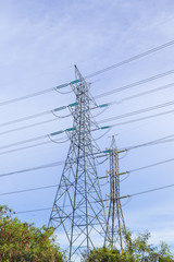 High voltage electicity post with sky