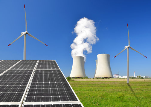 Solar Panel, Wind Turbines And Nuclear Power Plant