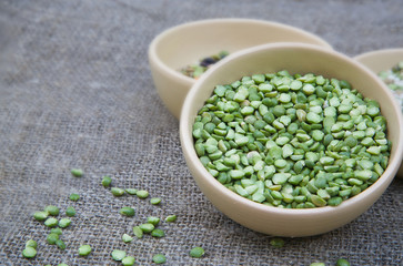 Dried green peas in a clay dish