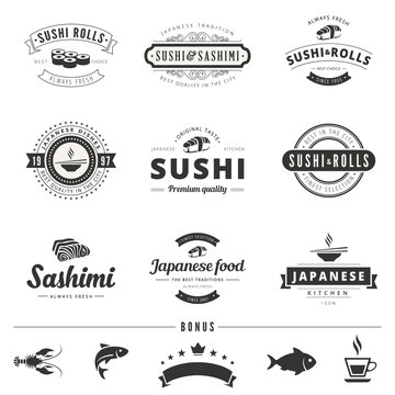 Sushi Rolls Sashimi Vintage Labels Hipster Logo design