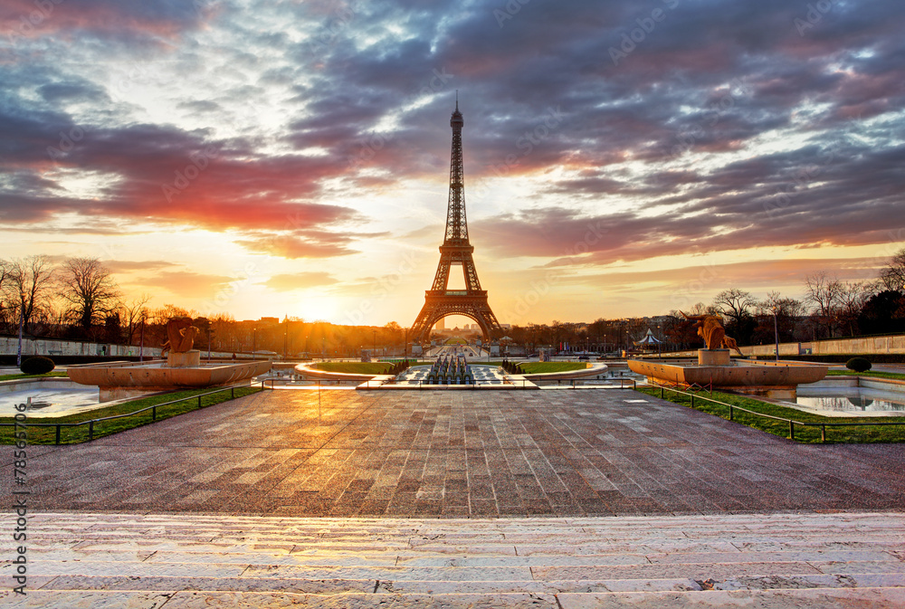 Wall mural Paris, Eiffel tower at sunrise.