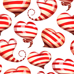 Seamless pattern of bright, striped hearts on a white background