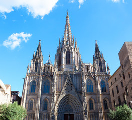 Fototapeta na wymiar Gothic Catholic Cathedral Facade Steeples Barcelona