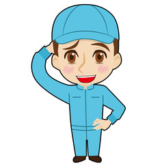 照れる帽子の作業者