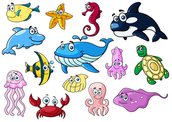 Obraz premium Cartoon sea animals with happy emotions