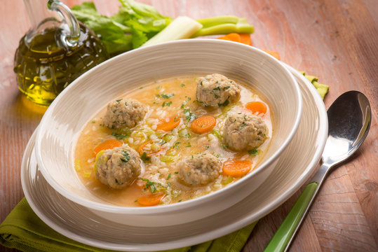 soup with meat balls, selective focus
