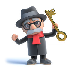 3d Old man holds up a gold key
