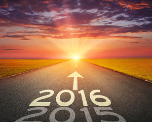 Empty road to upcoming 2016 at sunset - obrazy, fototapety, plakaty