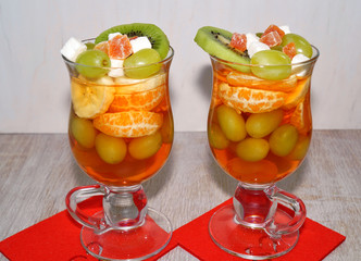 Fruity dessert - jelly with fruit in a glass bowl