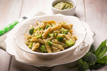 pasta with broccoli and pesto sauce, selective focus