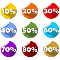 A set of percent label on rolled paper circle in different color
