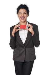 Business woman showing blank credit card