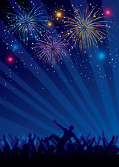 Fototapeta na wymiar Fireworks and crowd silhouettes