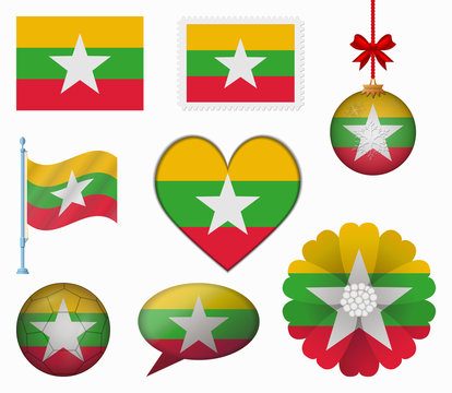 Burma flag set of 8 items vector