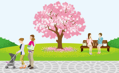 Obraz na płótnie Canvas Cherry Tree and Cheerful People in Spring Park