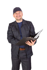 Naklejka na ściany i meble Man in hard hat holding folders.