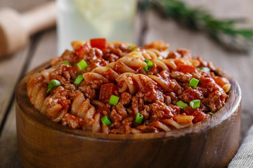 pasta fusilli with minced meat and tomato sauce