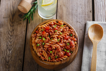 pasta fusilli with minced meat and tomato sauce