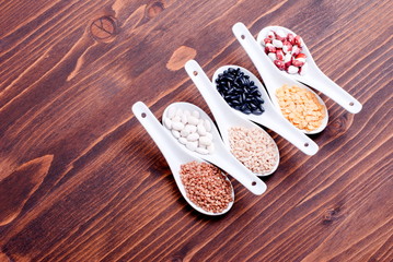 mix of different cereals on the board dietetic food