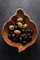 Top shot of appetizer starter olives in a bowl