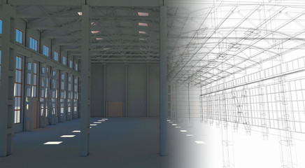 Stabile, fabbrica, edificio industriale, vuoto, 3d