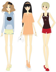 Stylish cartoon girls with cute clothings set, create by vector