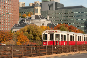 Red line subway train with Boston on background - 78587181