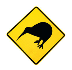 Roadsign "Attention Kiwi birds", isolated on white