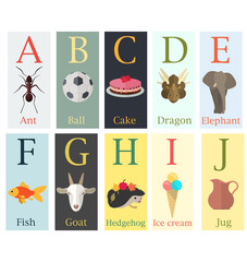 Colorful cards with alphabet and image of the first letter