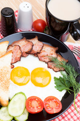 fried eggs with bacon on black dish