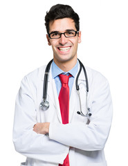 Fototapeta premium Handsome young doctor isolated on white