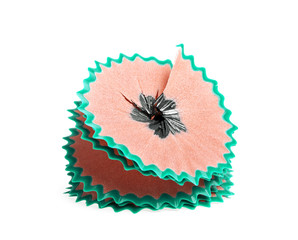 Closeup of pencil shaving isolated on white background