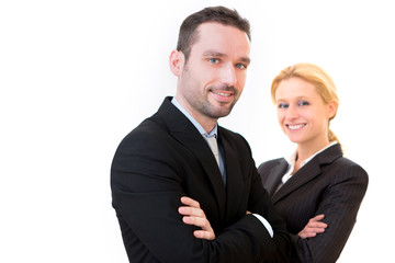Businessman and business woman on a white background