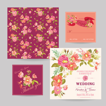 Set of Wedding Floral Invitation Cards - Save the Date, RSVP