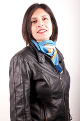 Woman with black leather jacket