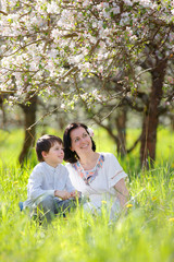 Fototapeta premium Happy woman and child in spring apple garden
