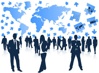 Illustration of business people and map