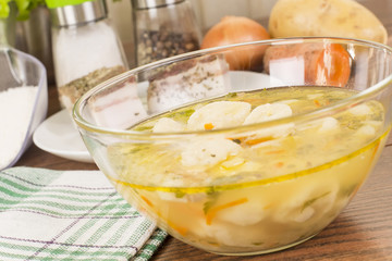 soup with dumplings and ham